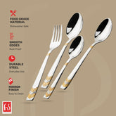 Four-piece gold-accented cutlery set with mirror finish, food-grade steel, smooth edges, dishwasher safe.
